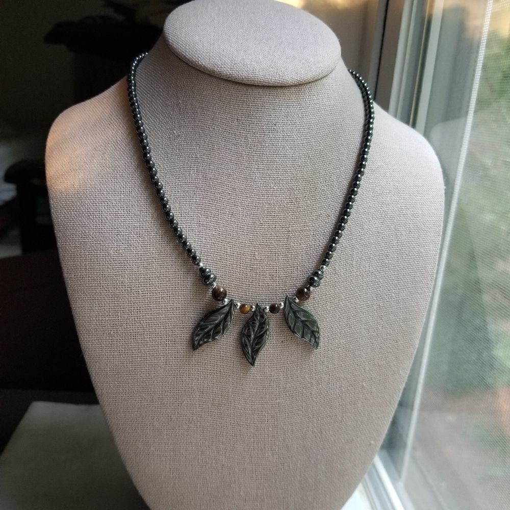 Hematite Beaded Carved Triple Leaf Necklace with Tigers Eye